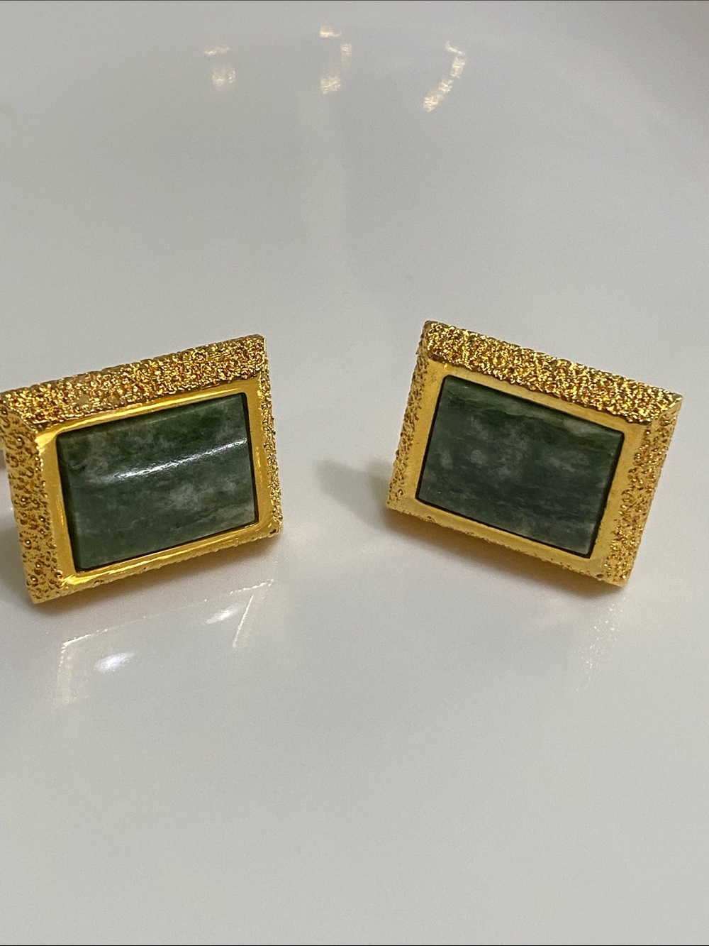 Gold Rectangular Jade Green Stone Cuff Links